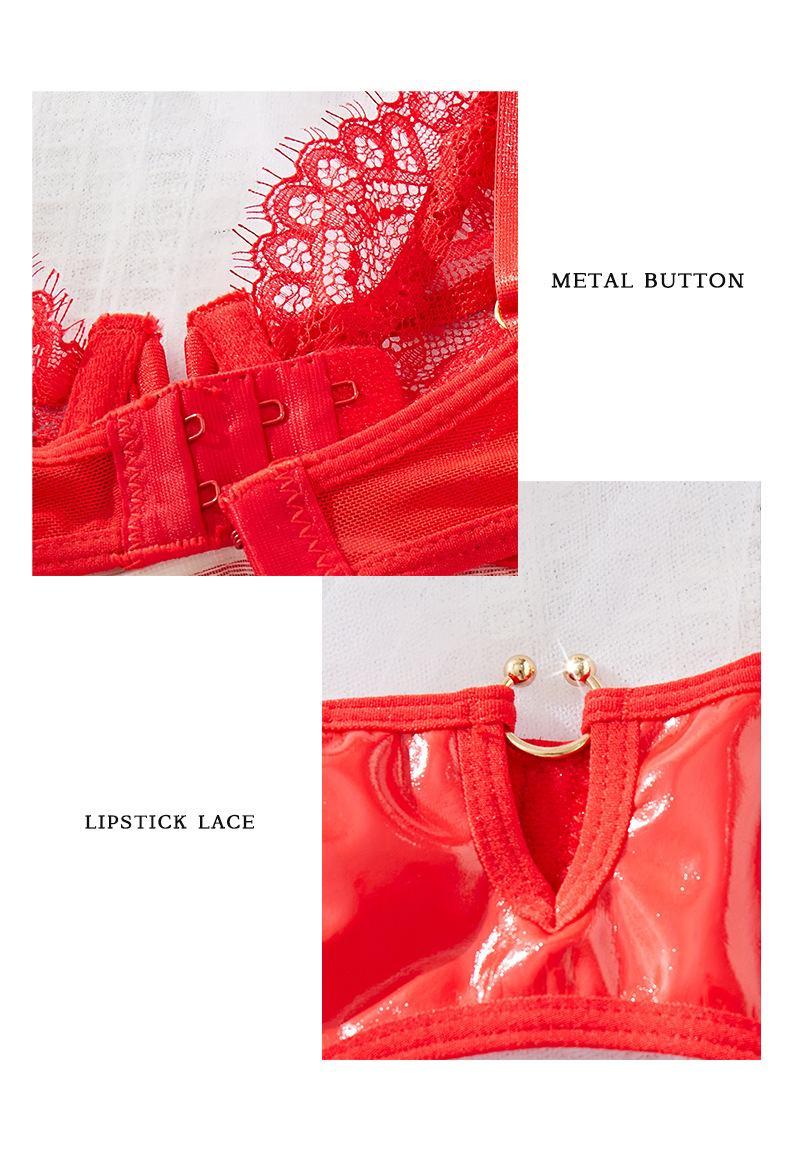 Red lace patchwork underwear three-piece set, memory soft steel ring sexy bra, underpants and garter set JR069 pic 13