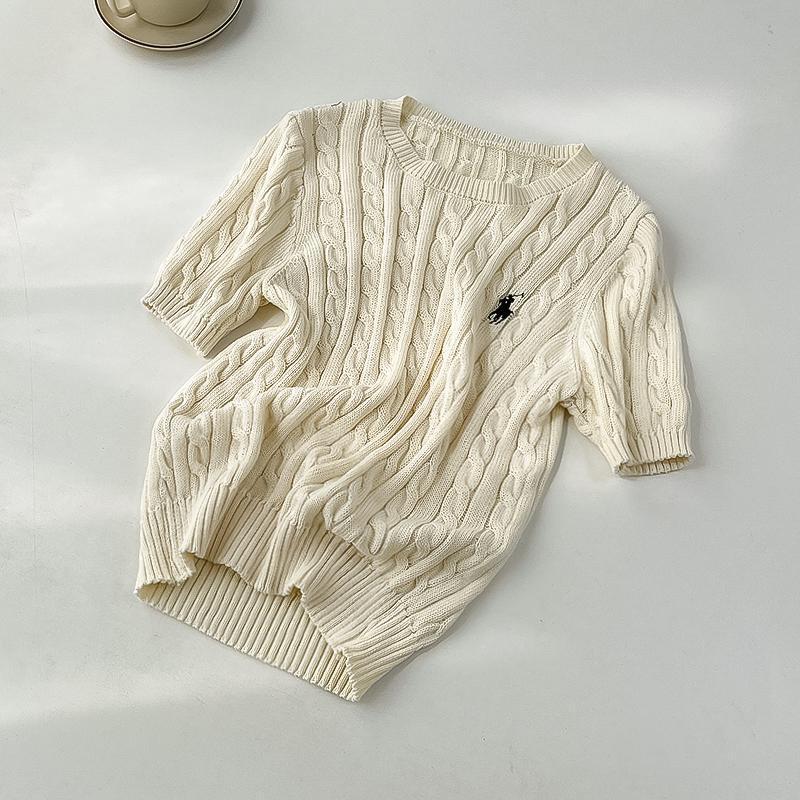 British-style ponytail embroidery braided short-sleeved knitted sweater for women, spring and summer retro style, thyme and base layer sweater pic 2