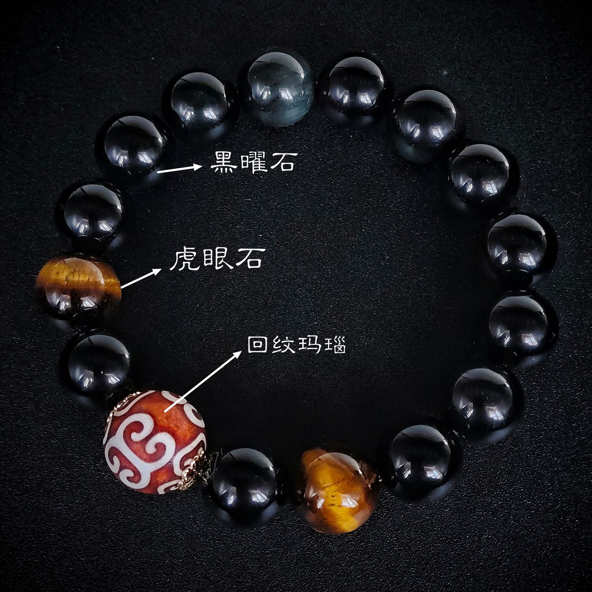 男式天然黑曜石虎眼石手串六字箴言男款手链文玩饰品手饰详情9