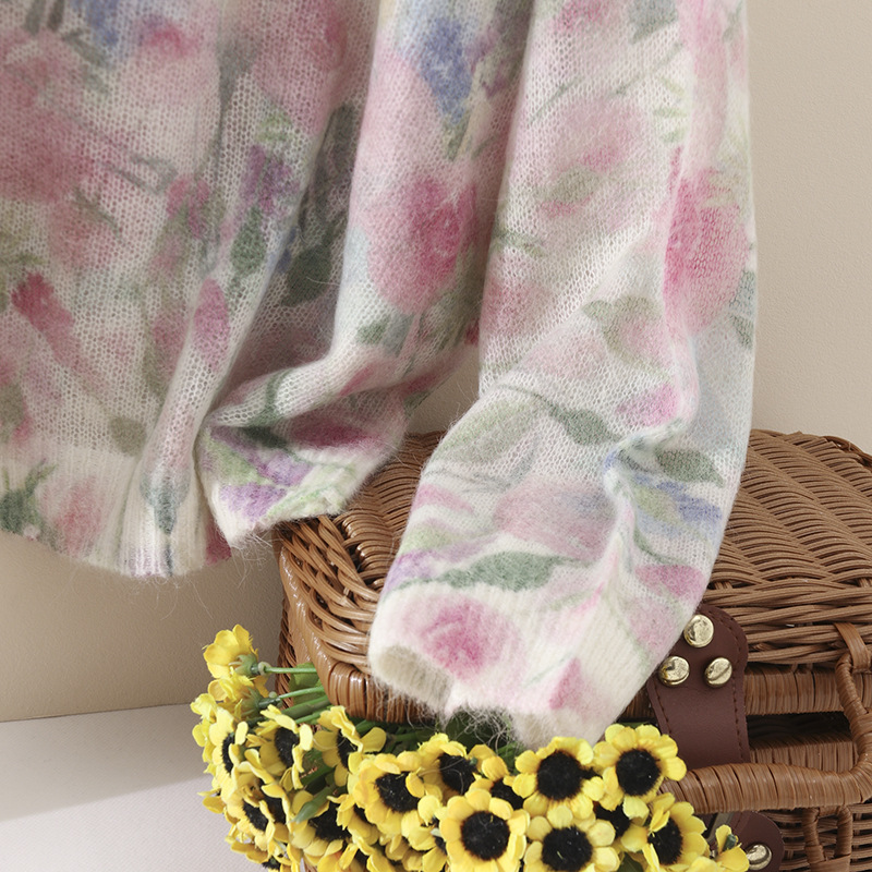 Flower Fairy Watercolor printed long-haired alpaca wool knitted sweater for spring, new wool round-neck pullover sweater for women pic 13