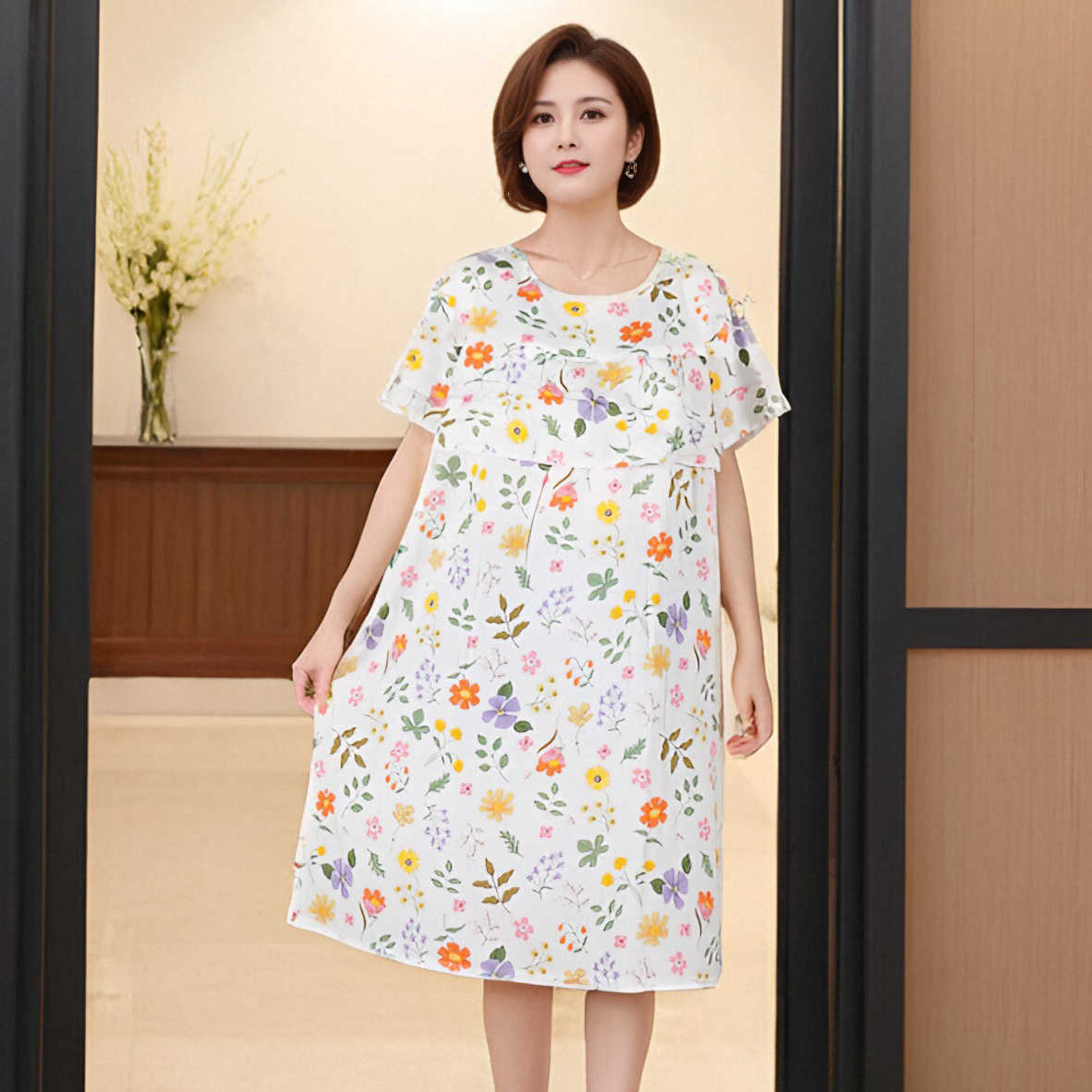 45支放凸点荷叶边碎花短袖连衣裙女夏宽松显瘦妈妈中老年减龄裙子详情7