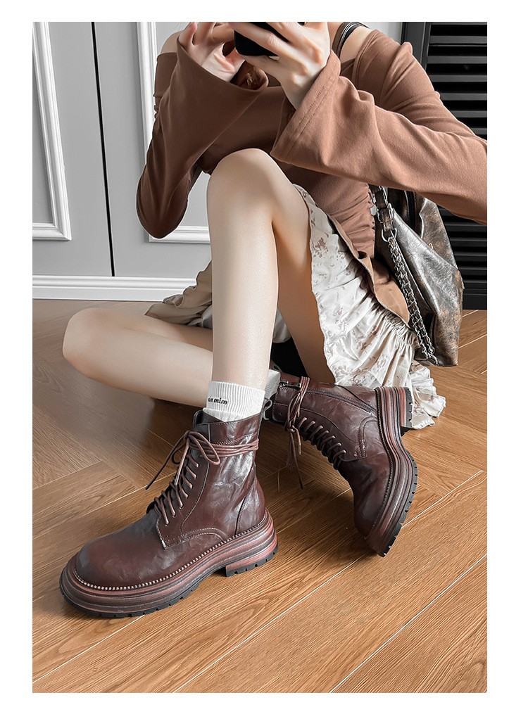 英伦复古系带厚底马丁靴秋冬季单靴精致手抓纹粗跟短靴女机车靴子详情28