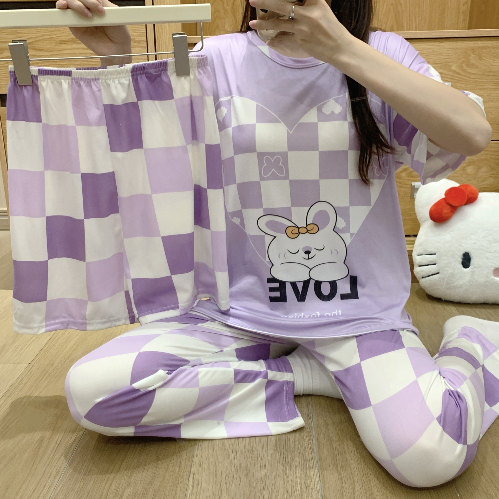 pajamas外贸工厂批发卡通夏季睡衣女短袖大码长裤三件套家居套装详情17