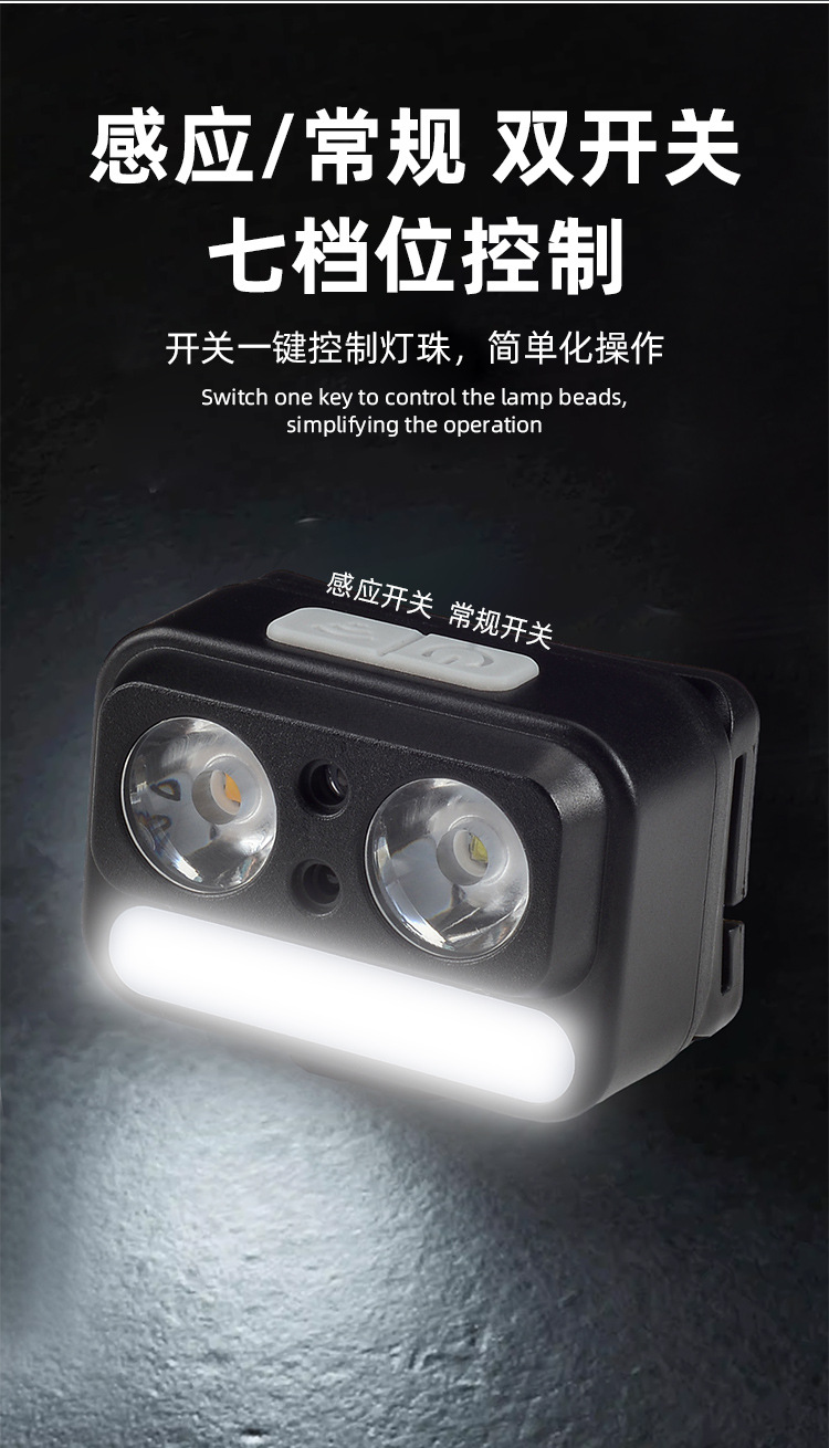 Cross-border smart sensor headlamp, strong light charging, portable yellow, white and red three light sources, long battery life, night fishing light, night running light pic 4