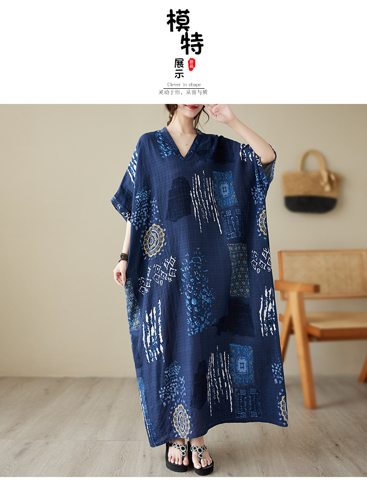 夏季v领薄棉麻大码宽松文艺度假风沙滩裙复古遮肉长款袍子连衣裙详情11
