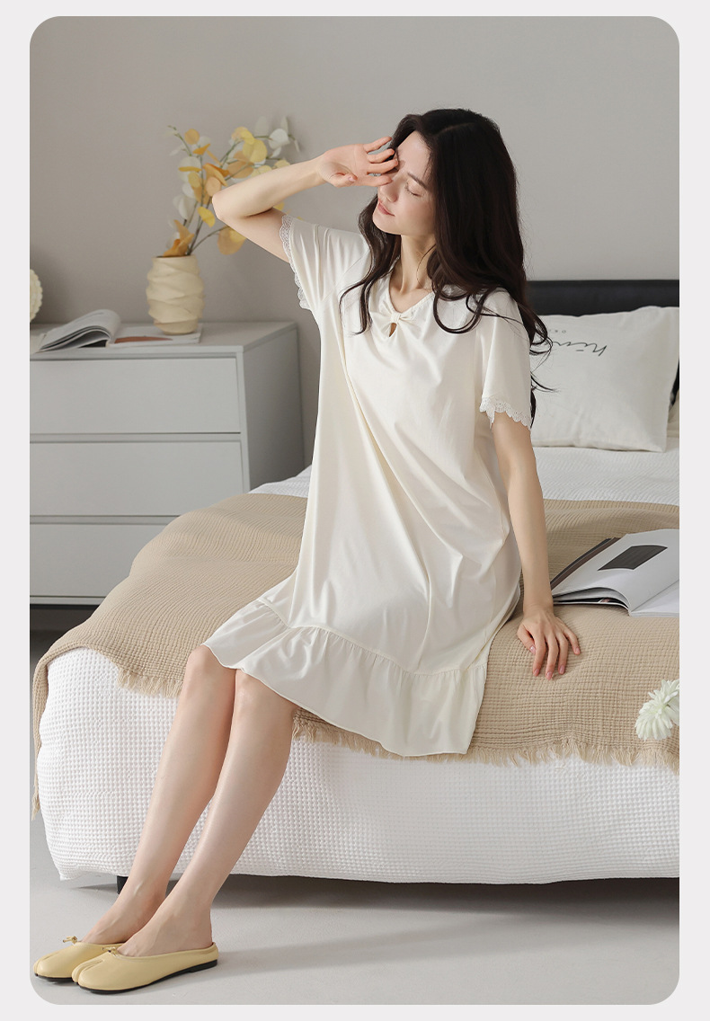 A light short-sleeved casual summer dress with a chest cushion for women. It can be worn as a mid-length skirt. It is made of modal cotton for summer home wear pic 14