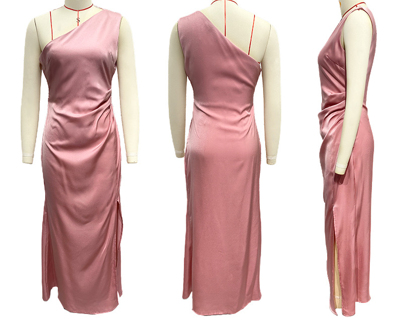 Cross-border Amazon 2024 Spring/Summer, European and American style, slimming, single-shoulder, socialite style, slit, sexy satin dress for women pic 8