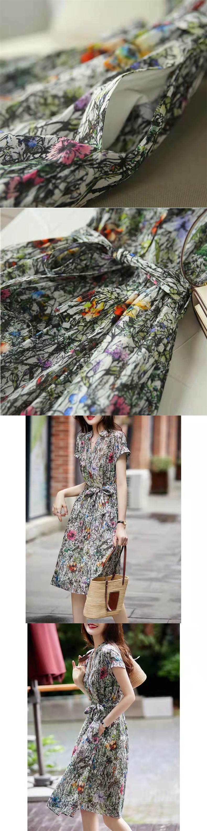 Chiffon floral print slim and elegant dress for summer 2024, a new fashion mid-length skirt that covers the belly pic 2
