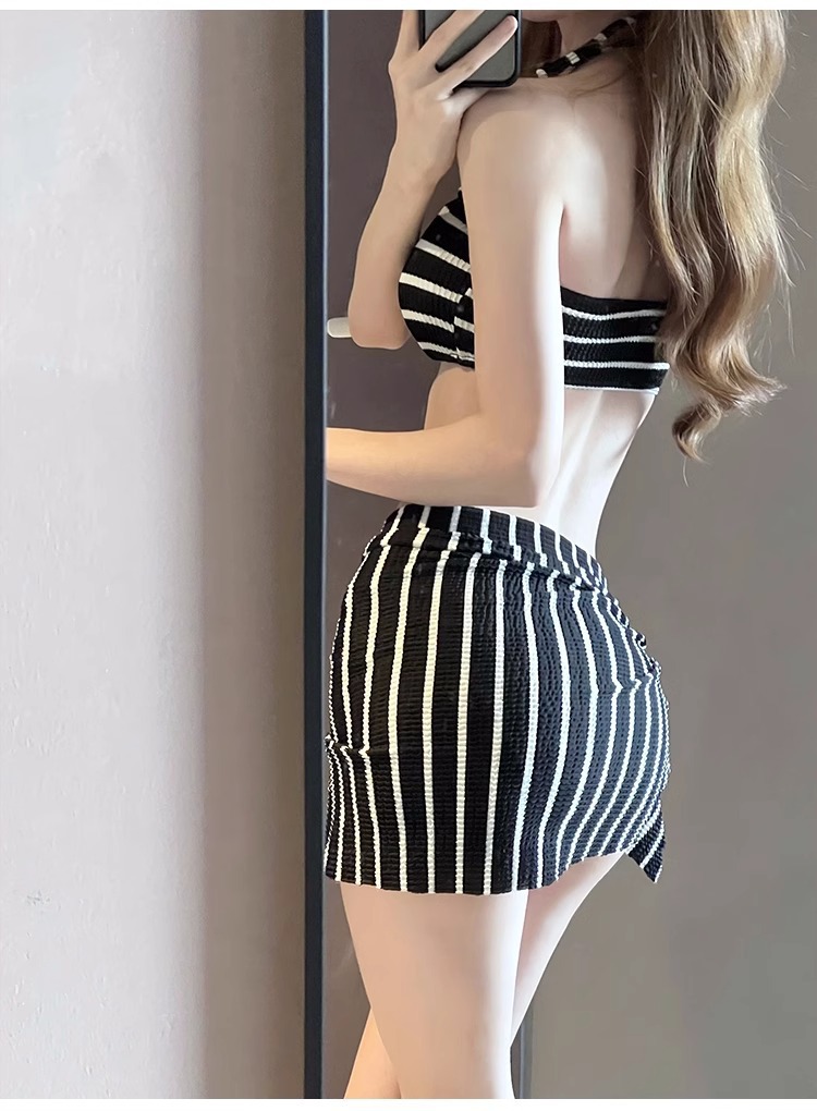 泳衣女2025新款分体挂脖小胸聚拢分体款黑色条纹度假比基尼泡温泉详情15