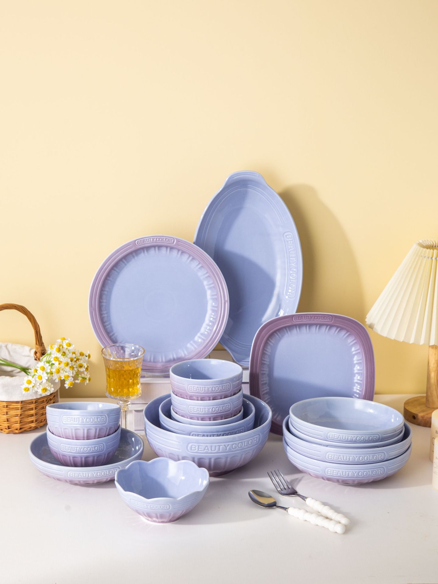 渐变紫北欧高颜值碗盘套装家用陶瓷米饭碗圆盘汤碗乔迁高级感餐具详情9