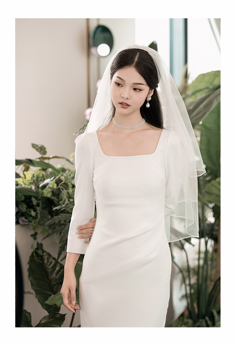 白色法式小礼服方领短袖修身微弹力长款领证订婚小晚礼服连衣裙详情32