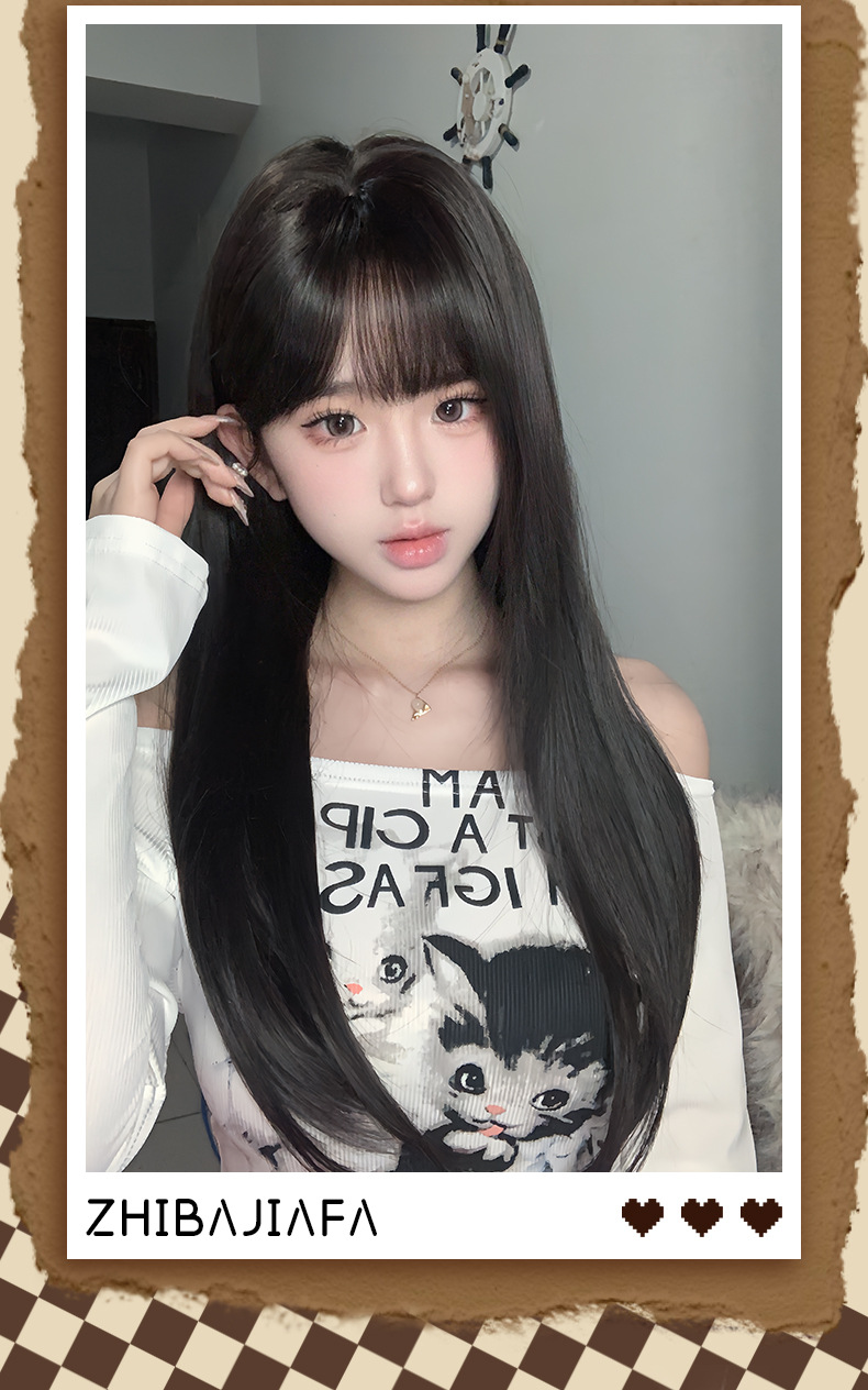 Wholesale of full-length headsets for trendy girls with fake black hair, long straight lines, natural fluffiness, and simulated bangs pic 3
