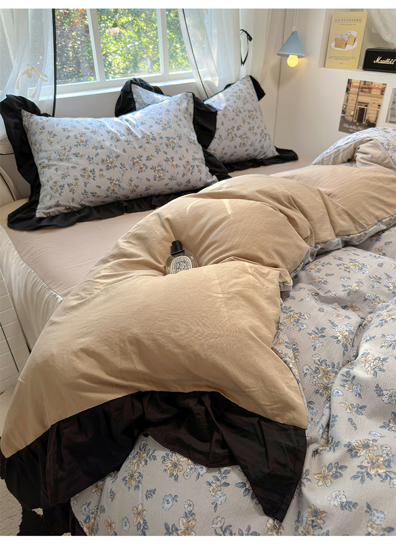 French romantic princess-style lace washed cotton four-piece set, small floral skin-friendly quilt cover, dormitory three-piece set, bed skirt style pic 31