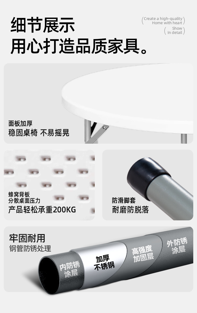 HDPE塑料折叠圆桌便携式白色折叠桌家用会议折叠餐桌礼桌1.8m详情3
