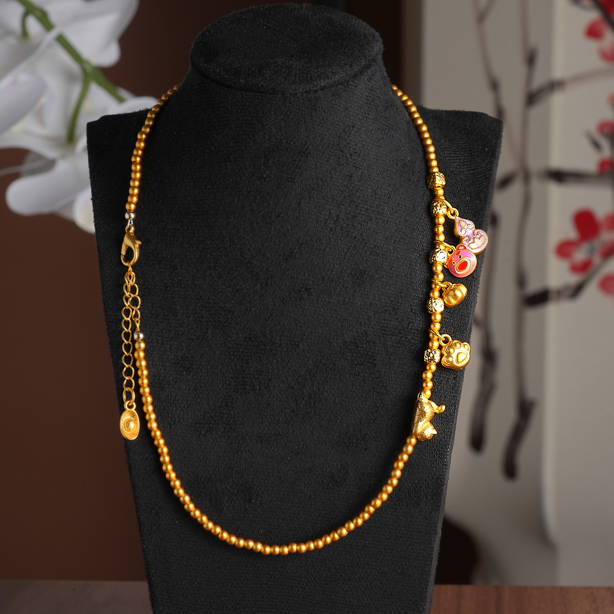 Ancient Vietnamese sand gold accessories, high color retention, beaded peach with zirconium pendant, bracelet, necklace, extension chain diy accessories pic 3