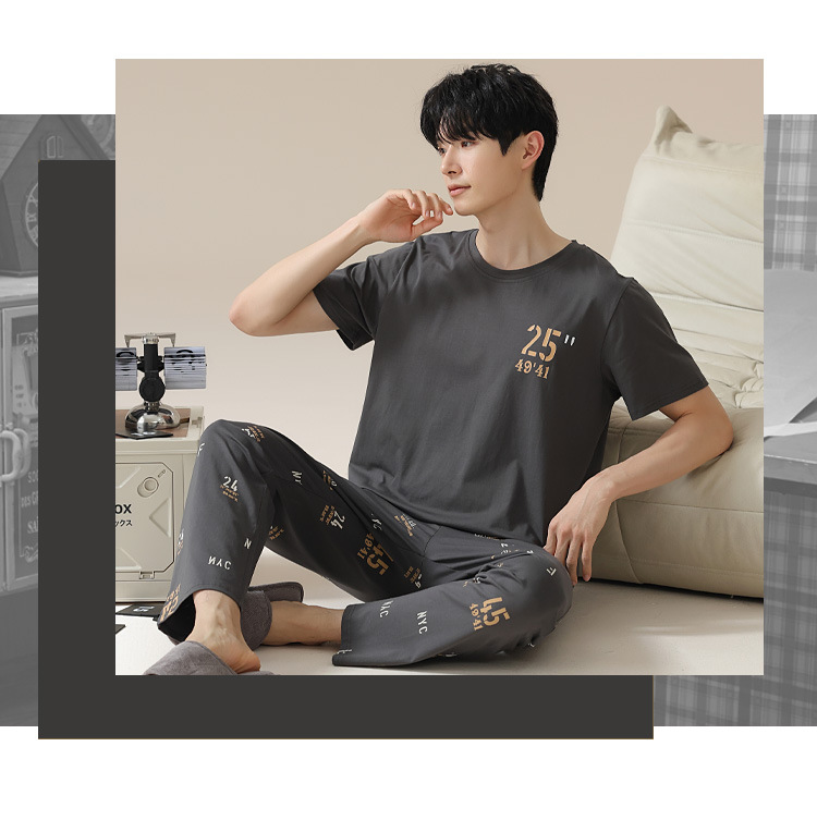 Summer pure cotton pajamas for men, cartoon casual short-sleeved shirts and long pants, pure cotton comfortable home wear, summer youth student set pic 146
