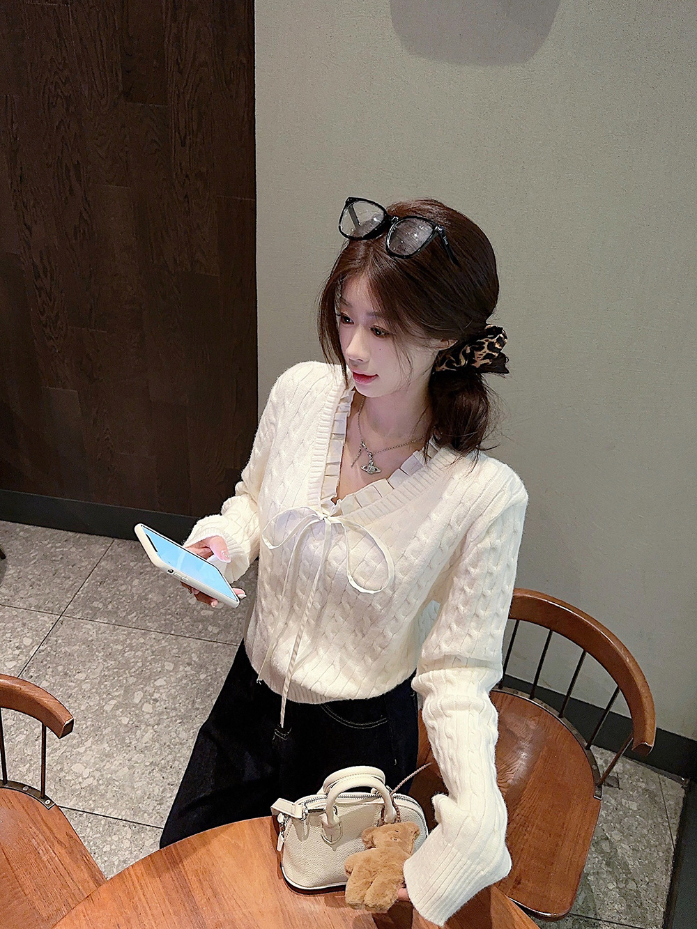 韩系学院风设计感假两件长袖毛衣针织衫女冬季蓝色温柔风修身上衣详情21