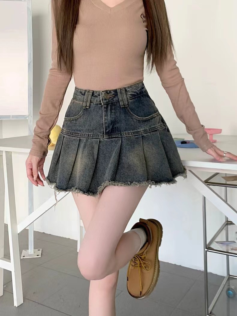 辣妹复古百褶牛仔半身裙女2024新款夏季高腰a字防走光包臀短裙子详情9