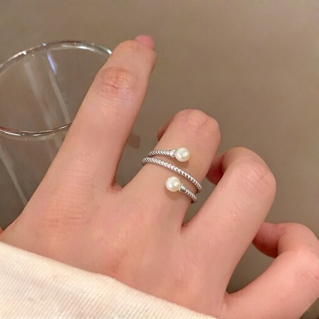 S925 sterling silver wound pearl ring for women, a light luxury and high-end exquisite index finger ring, fashionable and individual, with adjustable opening pic 5