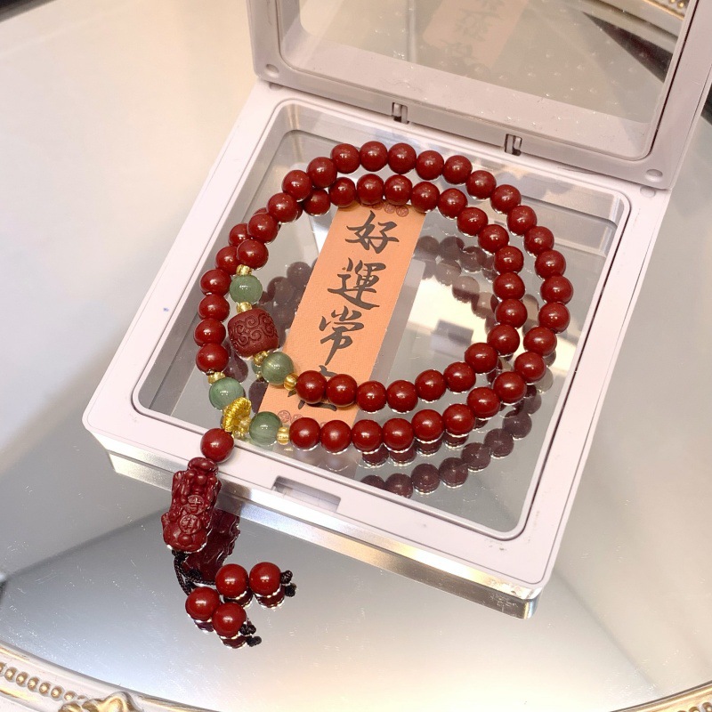 新中式仿朱砂手链批发双层串珠叠带手串小红书爆款文创热销详情4