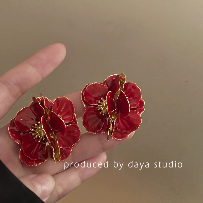 浮雕雾霾蓝法式复古滴釉玫瑰花朵锆石耳环女轻奢高级感小众气质详情1