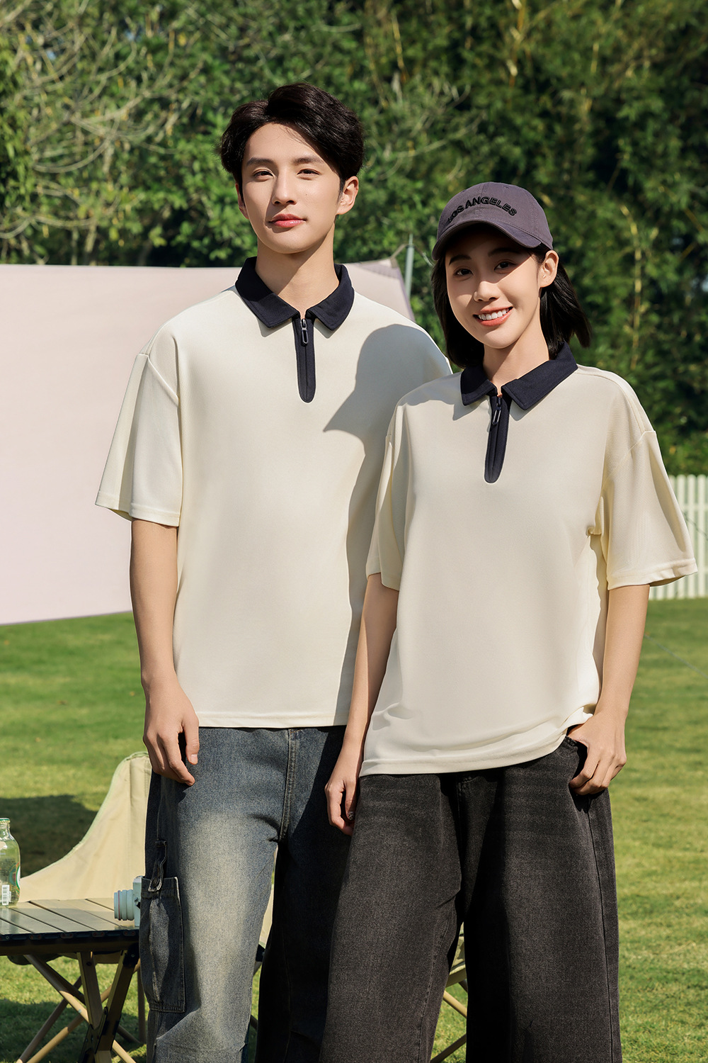 半拉链撞色polo衫工作服定制落肩翻领短袖刺绣学院风个性班服印字详情4