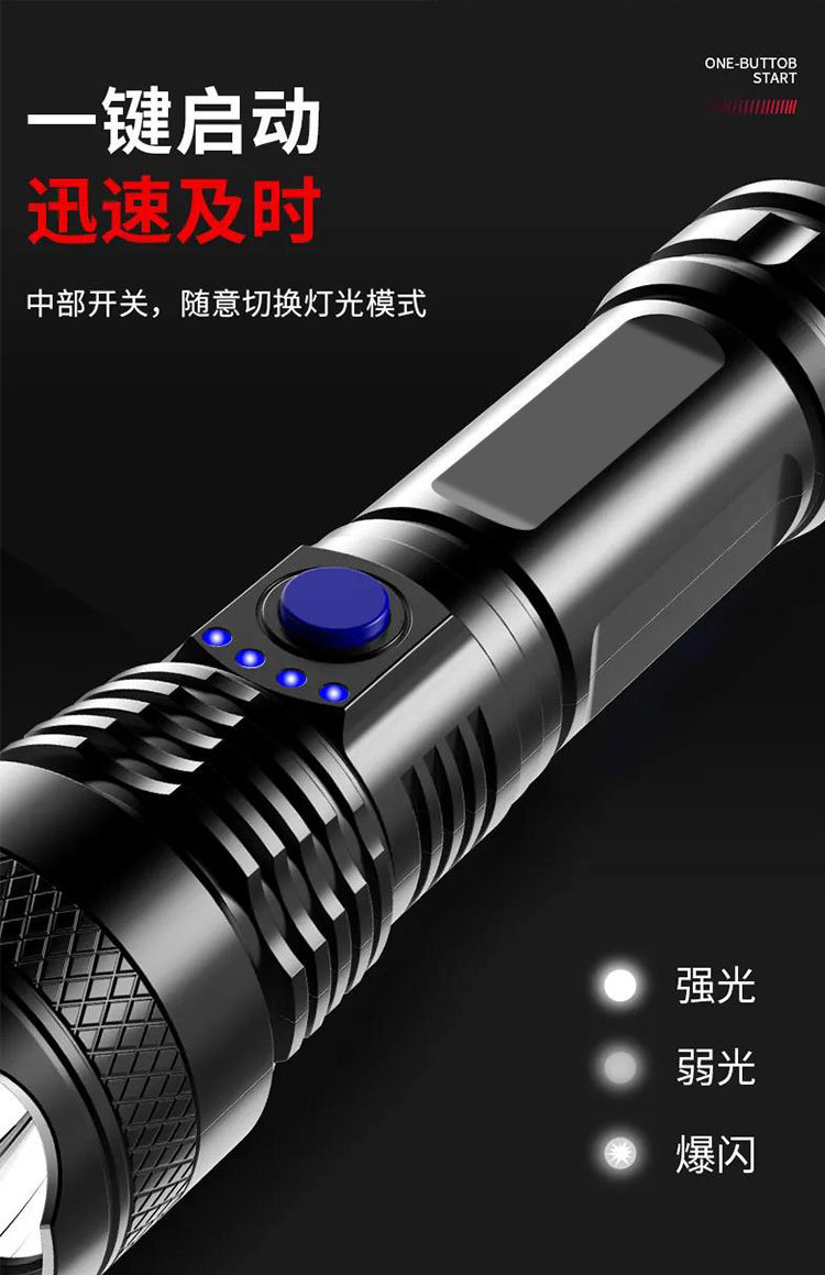 跨境爆款ABS强光LED手电USB充电显示户外家用便携夜钓露营手电筒详情7