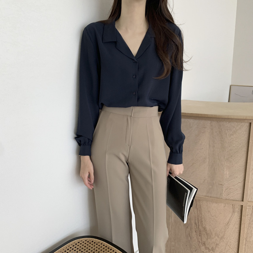 Korean chic2025 Spring/Summer simple solid color elegant suit collar chiffon shirt, French gentle long-sleeved shirt for women pic 13