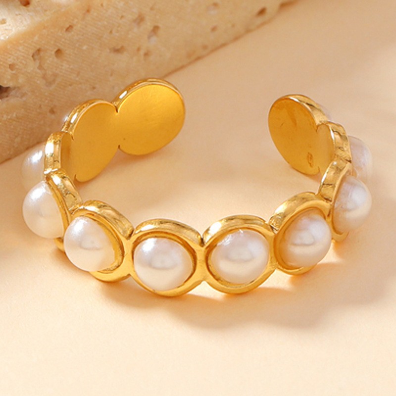 欧美跨境不锈钢戒指 珍珠开口戒指女轻奢高级感钛钢饰品批发厂家详情8