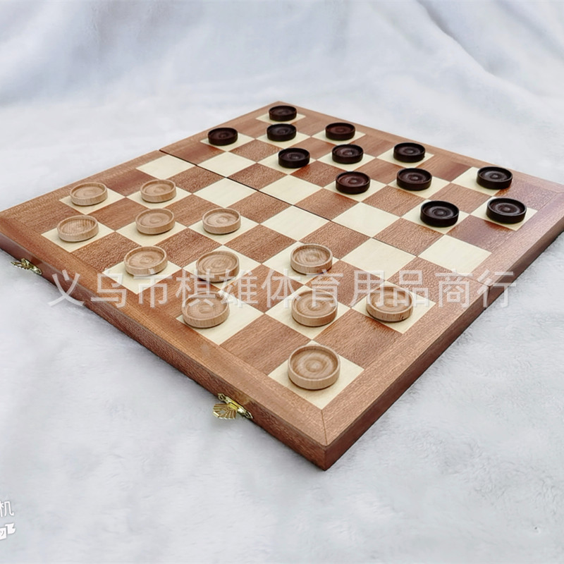 Wooden 64-square and 100-square international Draughts, beech jumping pieces, redwood chessboard, 2 extra spare pieces, beech pieces pic 5
