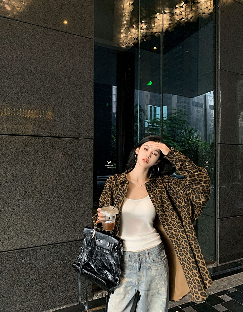 美式复古豹纹Polo领衬衣外套女早秋慵懒风宽松气质中长款风衣上衣详情4
