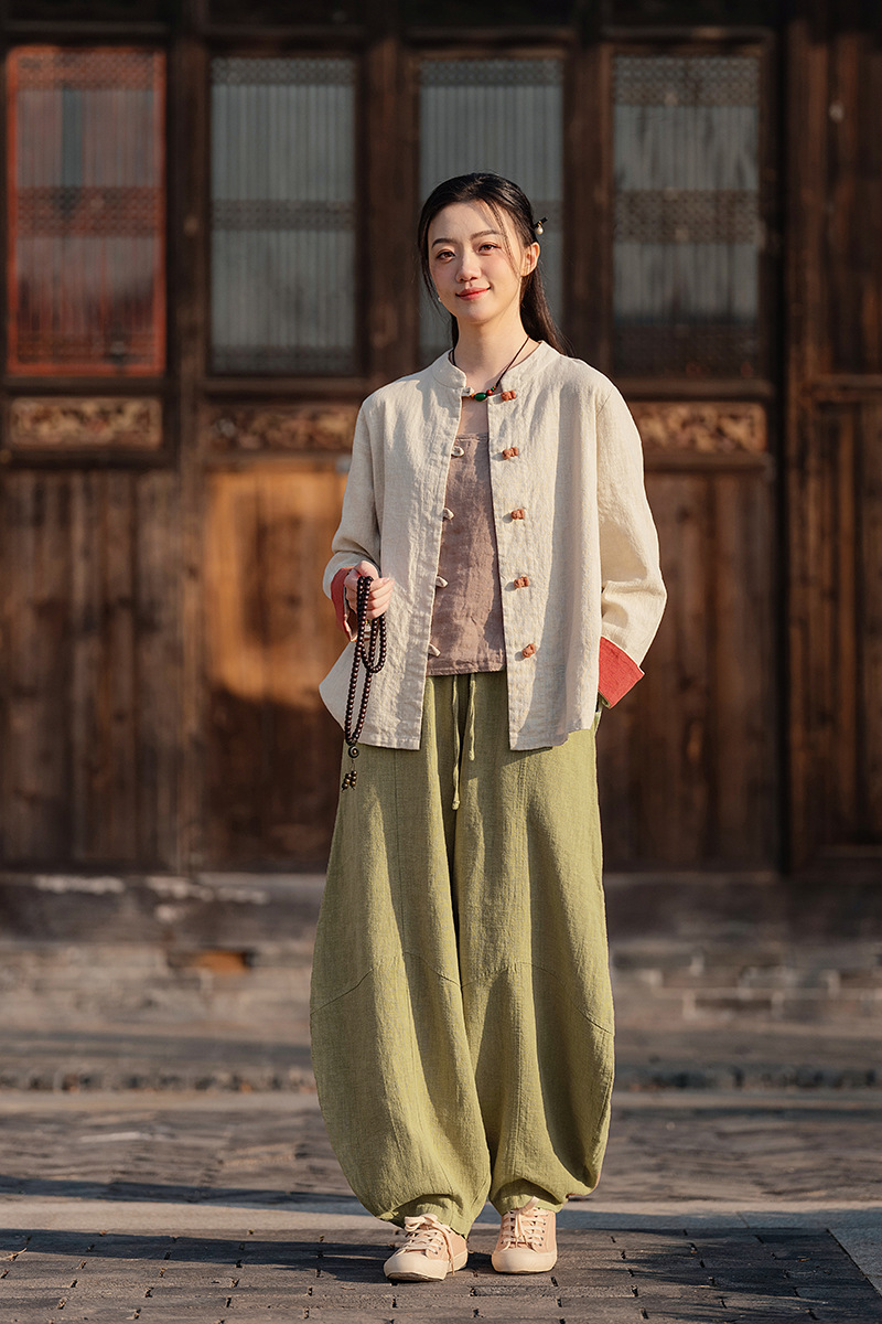国潮中式棉麻女装拼色盘扣衬衫复古亚麻上衣茶服女禅意中山装国风开衫详情29