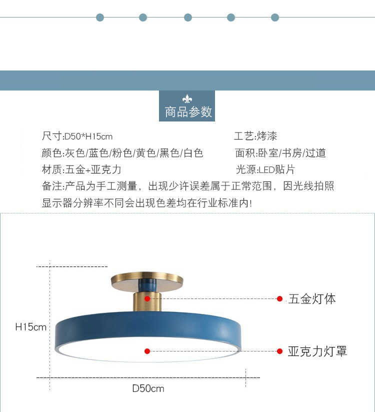 新款LED吸顶灯马卡龙圆形个性北欧卧室灯彩色创意阳台过道灯具详情3