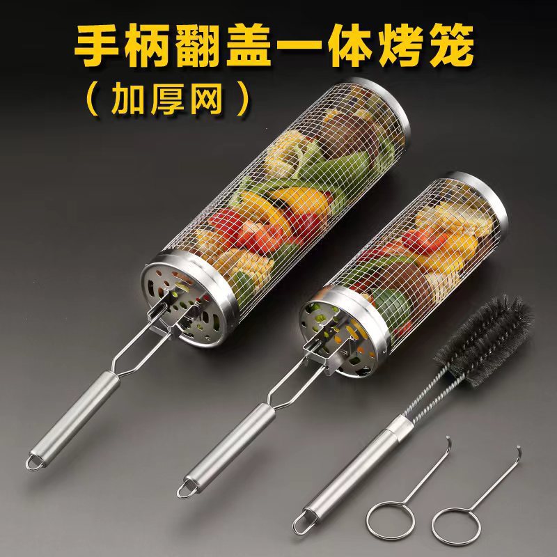 Round stainless steel barbecue cage handle flip cover integrated barbecue cage, outdoor manual rolling barbecue cage pic 1