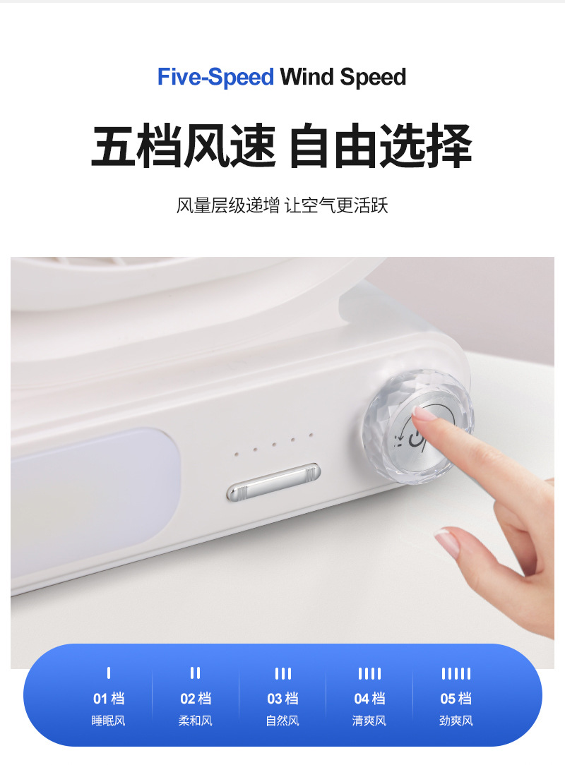 跨境新款户外露营风扇长续航锂电池钓鱼带点灯室内可调角度电风扇详情3