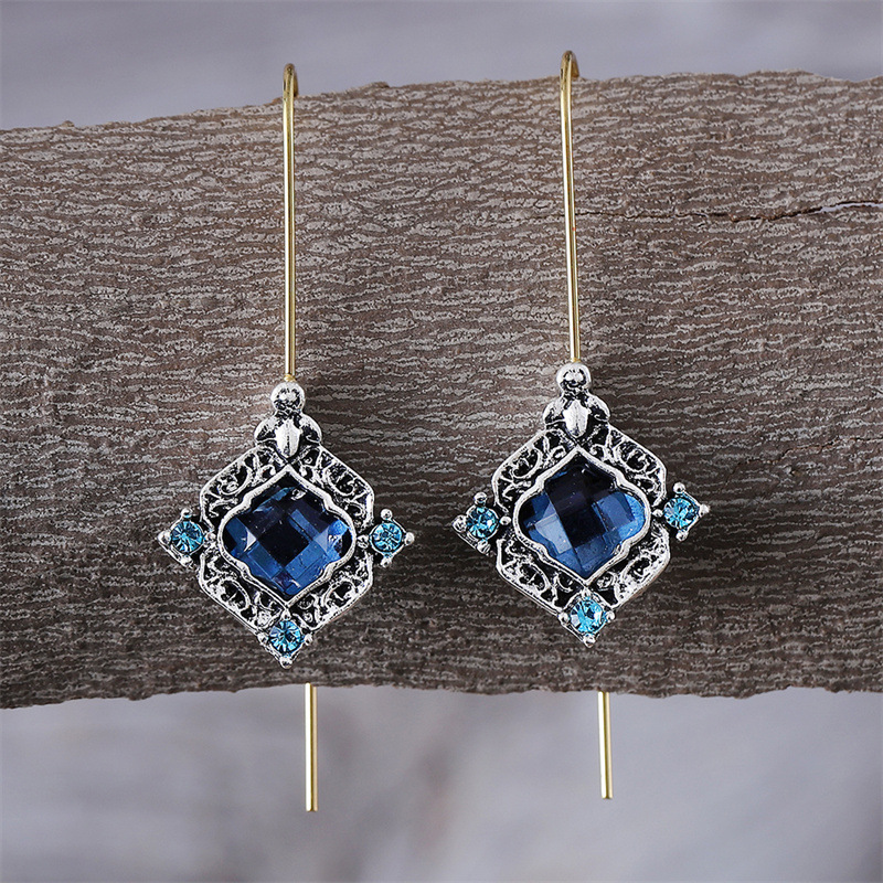 新款复古孔蓝色锆石长款耳环  跨境时尚创意高级感轻奢饰品女批发详情9