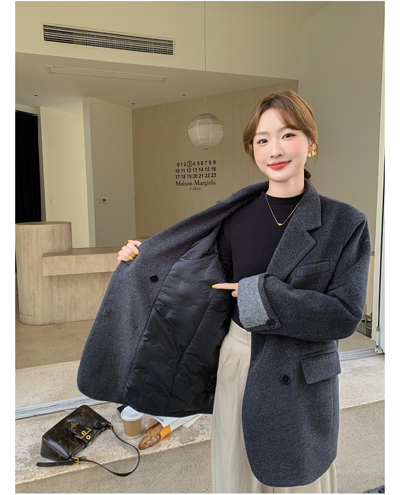 韩版时尚高级感棉衣外套女2024冬季新款双排扣百搭洋气毛呢外套详情8