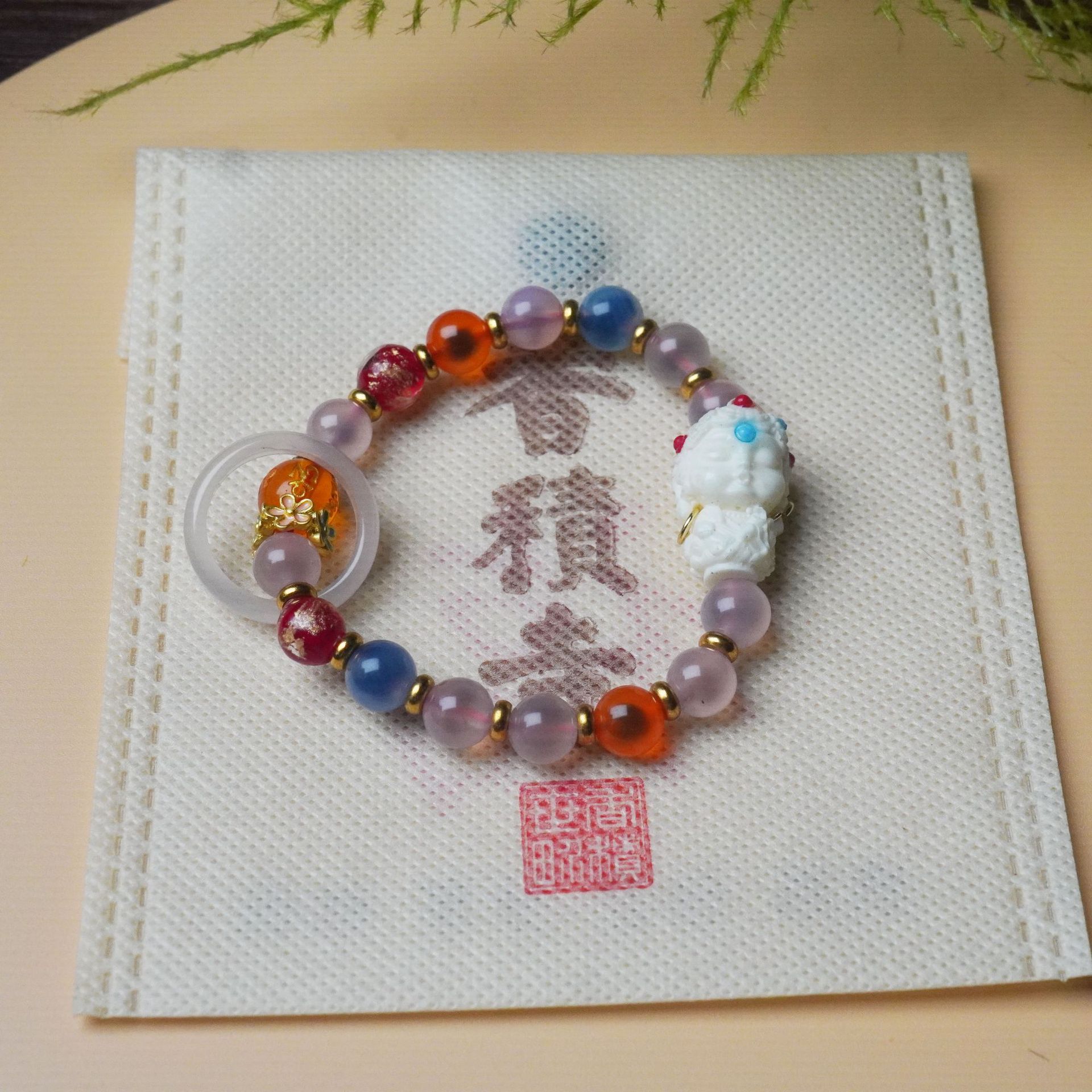 寺庙同款半糖玛瑙白度母手链串珠女金箔古法琉璃手串文玩饰品配饰详情10
