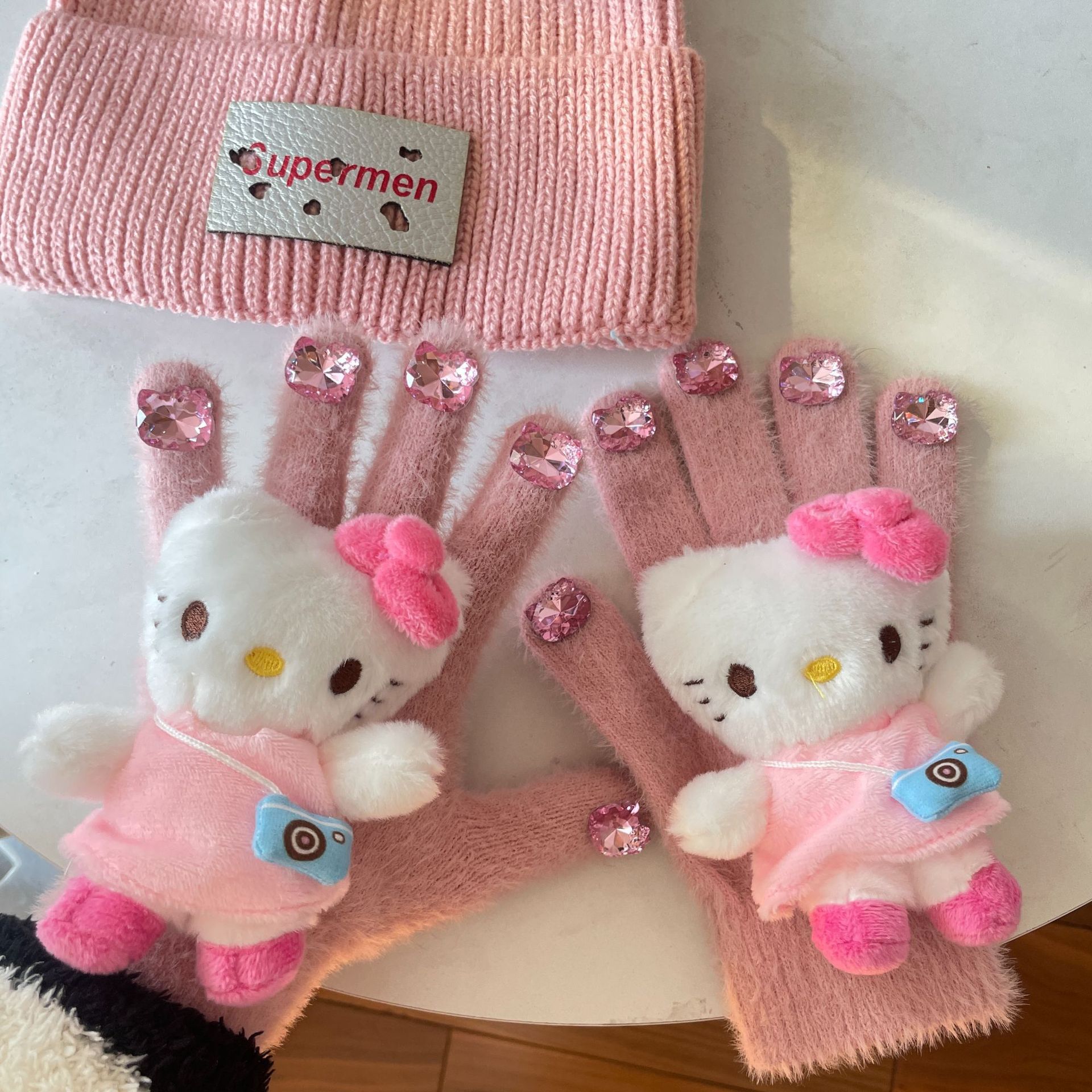HelloKitty water diamond cute plush gloves for autumn and winter, Kitty Cat doll, warm knitted five-fingered gloves for girls pic 27