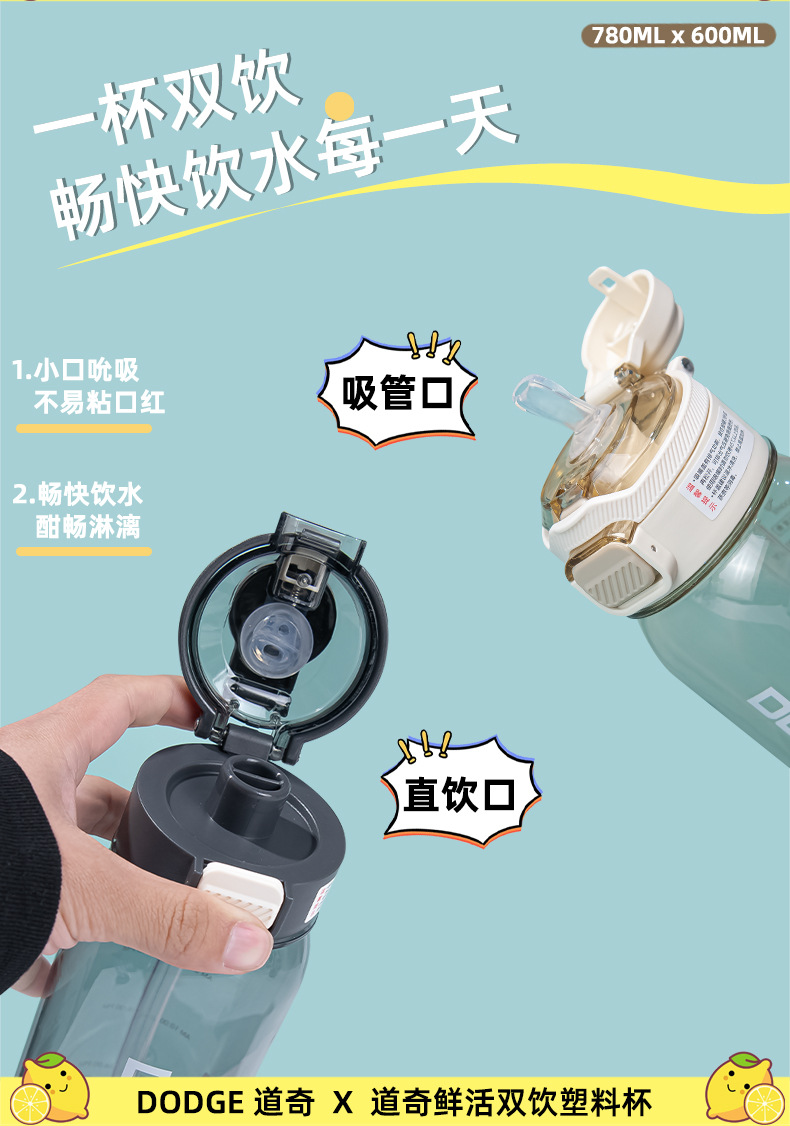希乐道奇大容量双饮户外运动学生便携手提水杯办公车载吸管塑料杯详情4