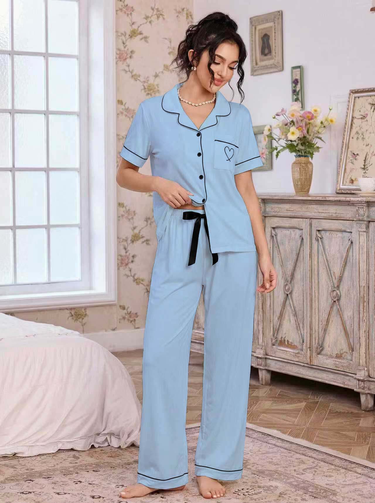 亚马逊欧美家居服套装翻领开衫短袖长裤爱心绣花睡衣女外贸独立站详情28