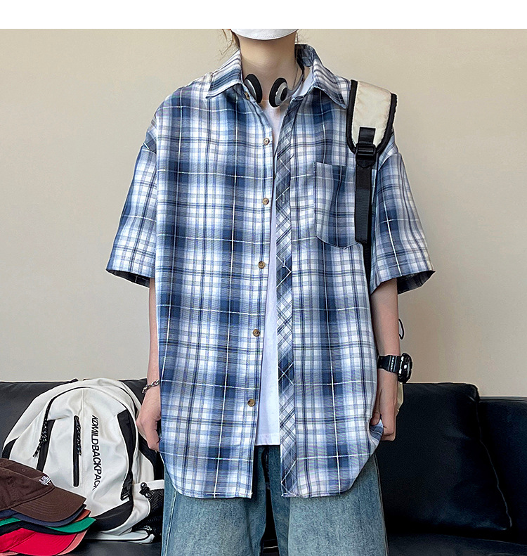 简恒日系复古印花短袖格子衬衫男女休闲夏季宽松BF风撞色情侣衬衣详情25