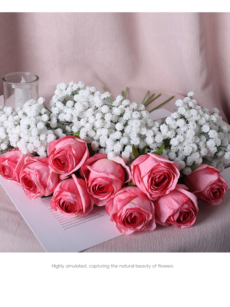 复古仿真单枝烤边圆玫瑰摄影道具婚庆家居花艺摆件仿真焦边玫瑰详情9