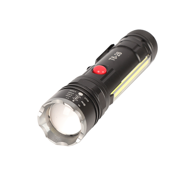 Factory direct sales outdoor high-intensity flashlight, multi-functional USB charging zoom T6, magnetic pen clip at the rear, cob side light pic 1