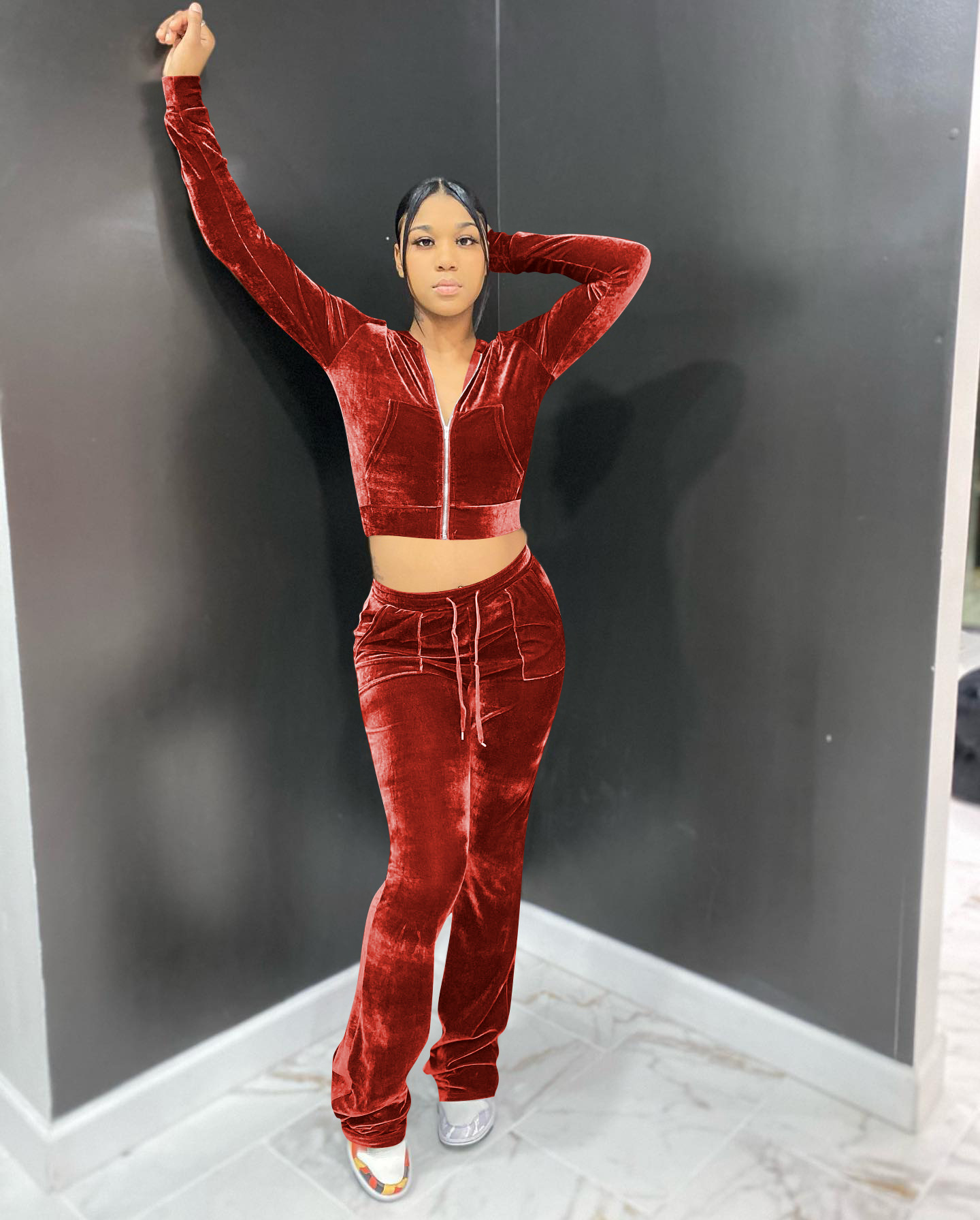 Solid color gold velvet wide-leg pants two-piece set pic 133