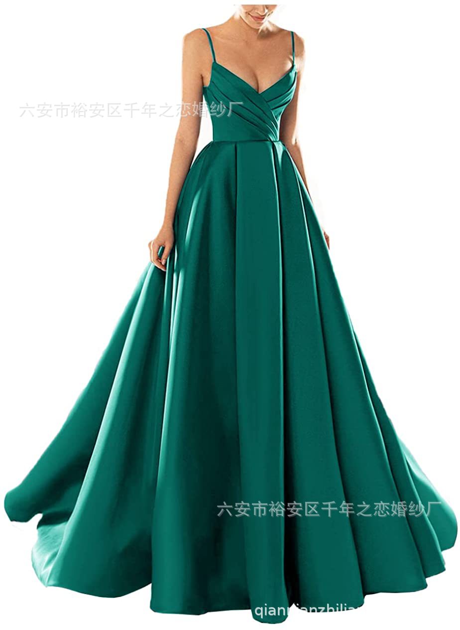 晚礼服欧美外贸2023新款春季中腰缎面粉色气质长款吊带宴会晚礼服详情25