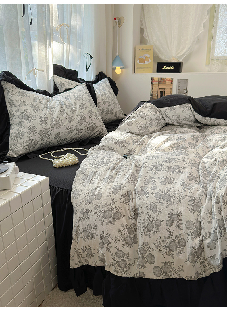 French romantic princess-style lace washed cotton four-piece set, small floral skin-friendly quilt cover, dormitory three-piece set, bed skirt style pic 24