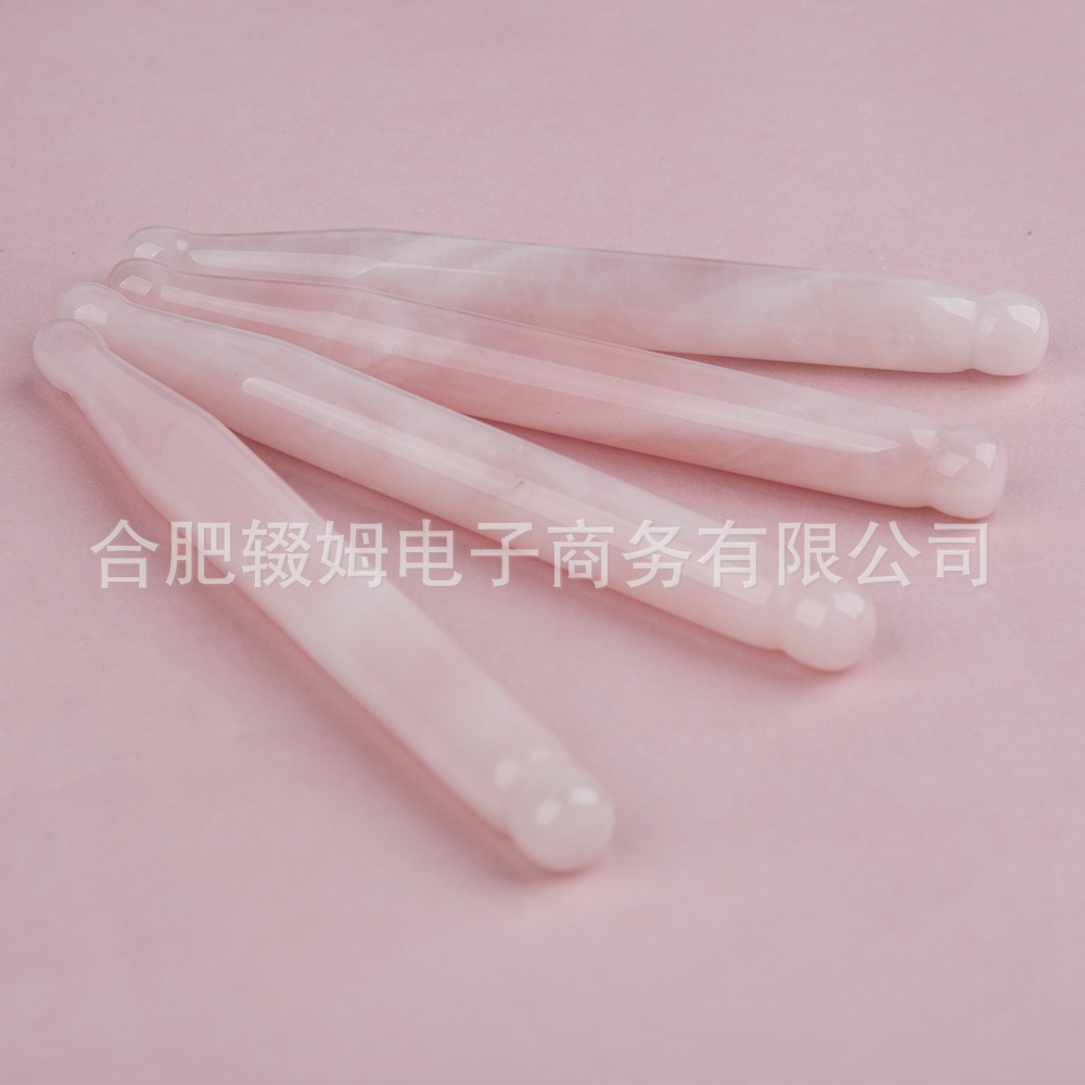 批发外贸天然粉晶玉石按摩器脸部面部刮板质感温润手工打磨穴位笔详情8