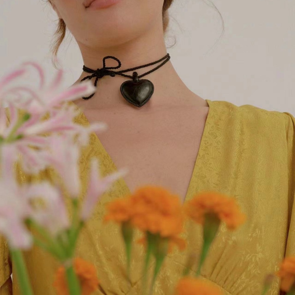 fever同款皮质爱心麻绳项链 黑桃心时髦百搭可调节可爱辣妹项链详情9
