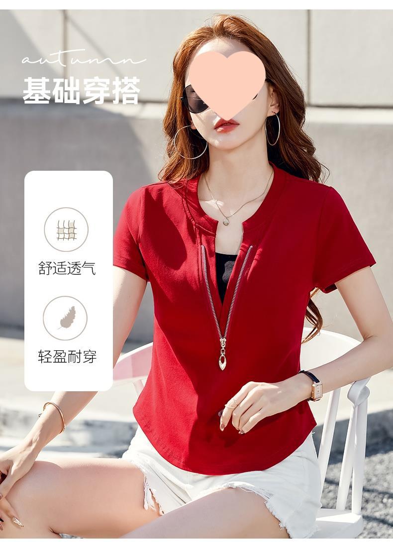 别致短袖t恤女装2025新款爆款夏季修身高腰假两件v领拉链短款上衣详情5